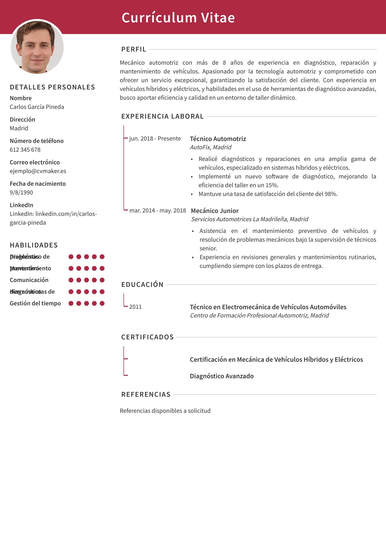 Ejemplo Currículum de Mecánico